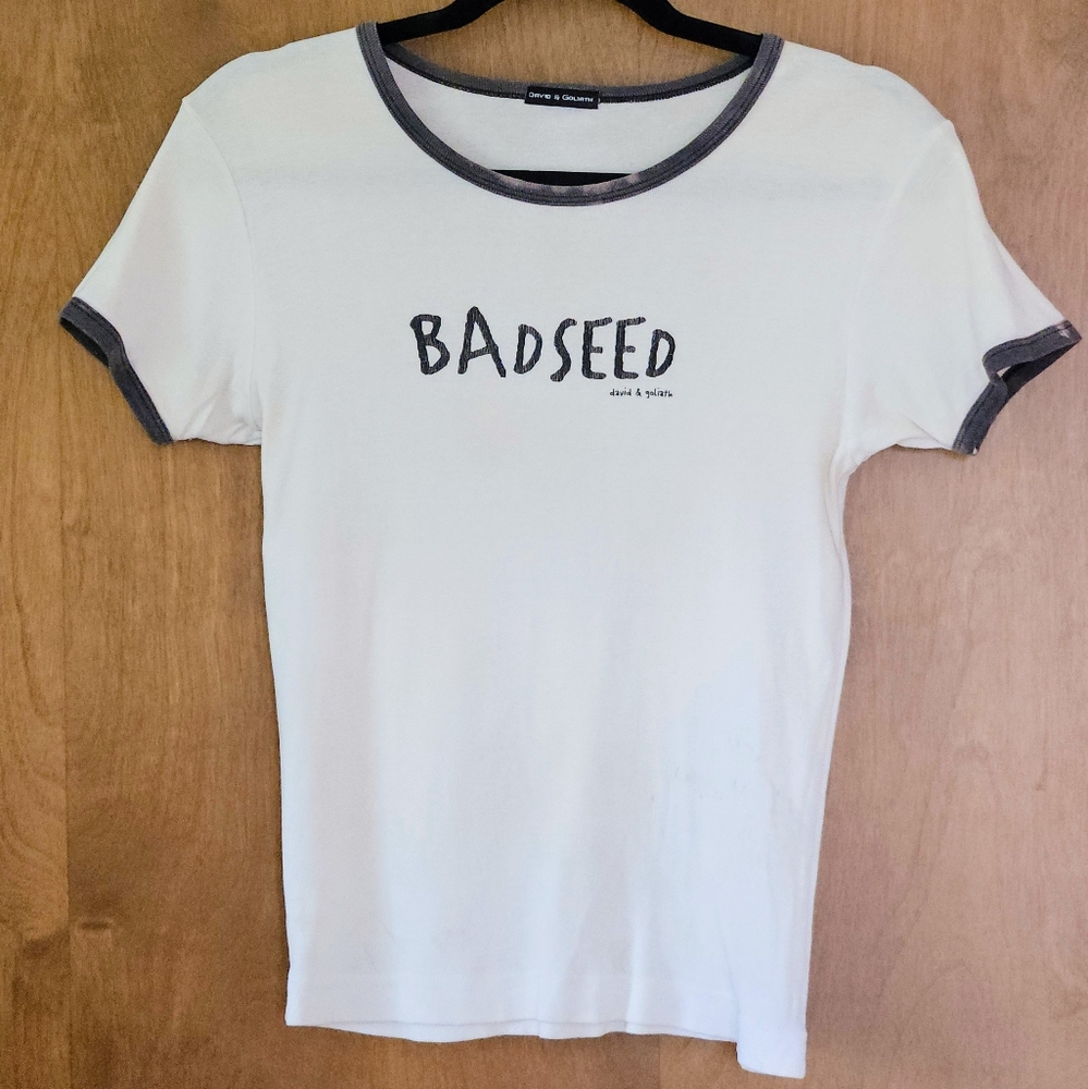 Vintage David & Goliath BADSEED 100% Cotton White w/Black Rim Shirt Women Medium